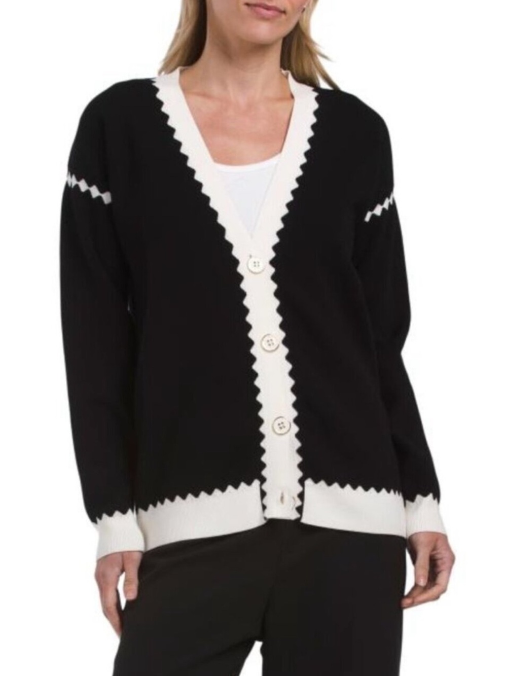 T TAHARI Long Sleeve V-neck Cardigan With Color Block Trim